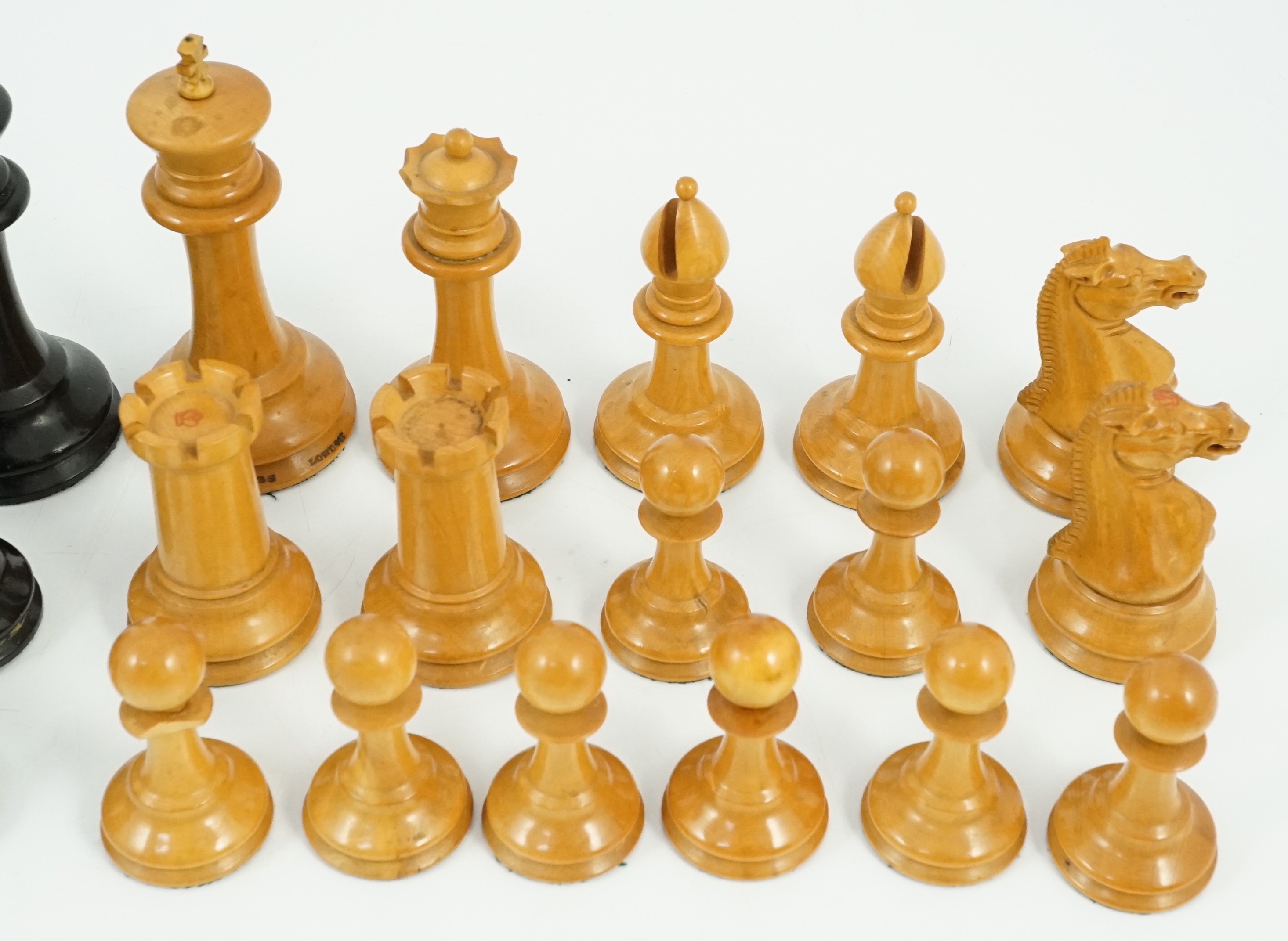 An early Jaques Staunton pattern lead weighted boxwood and ebony chess set, c.1850, Kings 10cm (4in.)